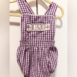 Boys Smocked LSU Purple Checkered Bubbled Baby Romper